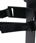 Close-up of Fire Extinguisher Mounting Bracket For E Track And X Track Systems, 22 Lbs WLL with two Velcro straps in black steel.