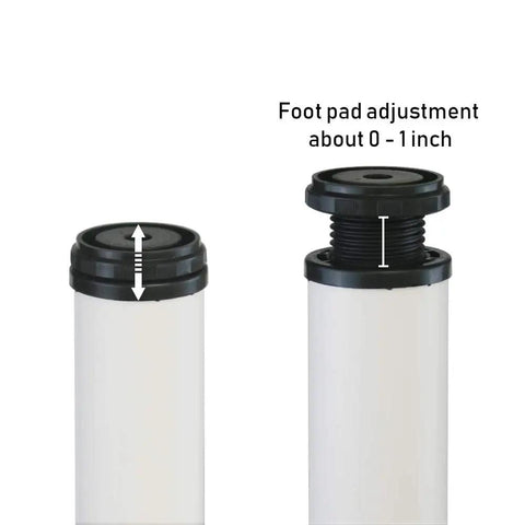 Beefy Adjustable Metal Desk Legs detail showing 1 inch leveling feet adjustment for DIY desks, workbenches, dining tables, set of 4, white finish.