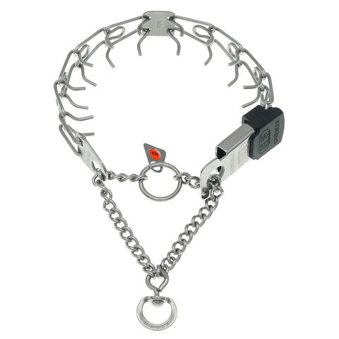 No Pull Prong Collar With Quick Release ClicLock Buckle For Small To Medium Dogs Stainless Steel Pinch Collar For Training 16 Inch Length 2.25 Millimeter Prongs Adjustable Fit Made In Germany, showing collar design and features