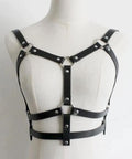 Adjustable Black Leather Chest Harness And Waist Chain Belt For Rave Festivals Nightclub Wear Sexy Belly Bra Streetwear Accessory For Women Serving That Baddie Energy displayed on a mannequin showing adjustable straps.