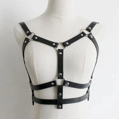 Adjustable Black Leather Chest Harness And Waist Chain Belt For Rave Festivals Nightclub Wear Sexy Belly Bra Streetwear Accessory For Women Serving That Baddie Energy displayed on a mannequin showing adjustable straps.