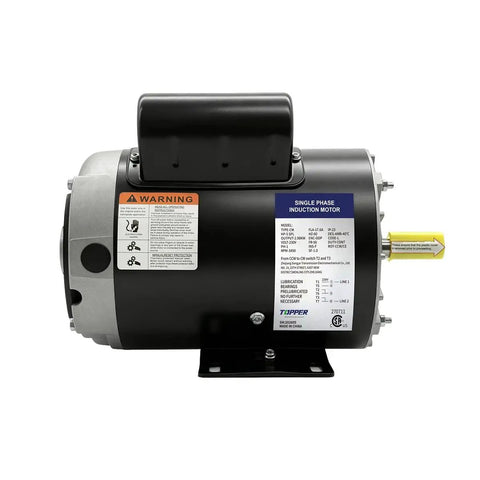 Heavy Duty 2 Horsepower 60 Gallon Air Compressor Electric Motor installed, showing warning label and specifications on a black casing.