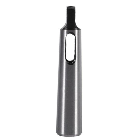 Front view of MT1–MT2 Morse taper reducing drill sleeve; steel body with black taper.