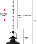 Industrial Dome Pendant Light With Adjustable Metal Chain In Vintage Rustic Farmhouse Vibe, Polished Black Finish, 50.5in Height, 10.63in Diameter