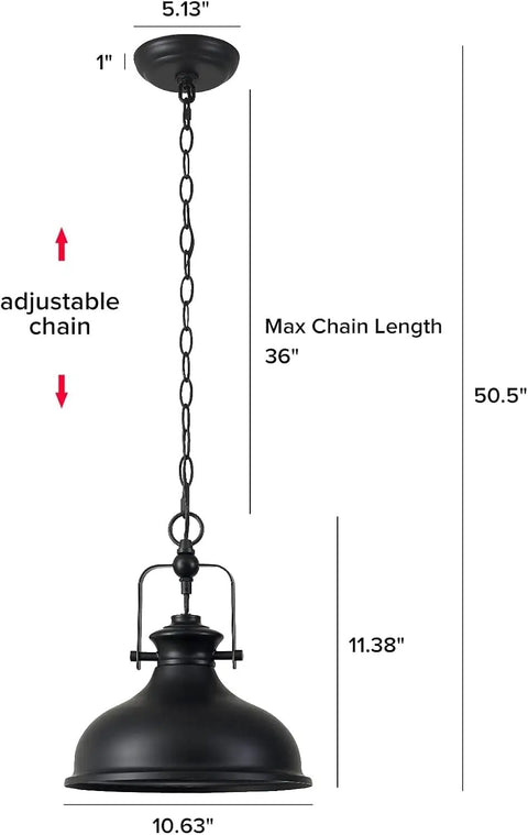 Industrial Dome Pendant Light With Adjustable Metal Chain In Vintage Rustic Farmhouse Vibe, Polished Black Finish, 50.5in Height, 10.63in Diameter