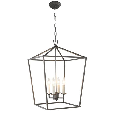 Openwork Lantern Pendant Chandelier for Stairway Entryway and Kitchen Hall Foyer, Aged Iron, 4 Light, E12, 17x25 Shade