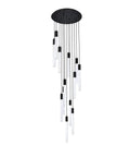 Slick Modern 13 Light Black Crystal Ceiling Pendant with adjustable cords and clear crystal rods in a black metal finish.