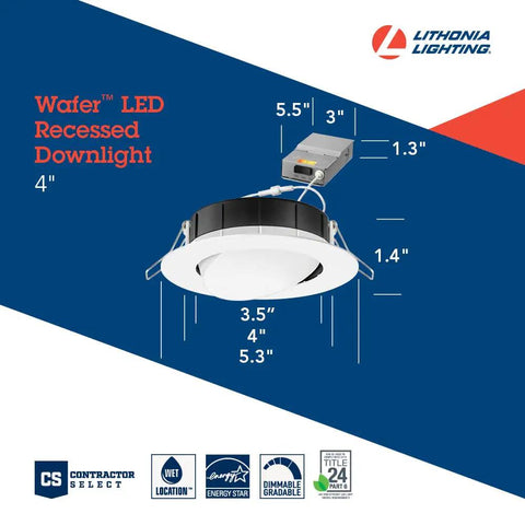 Ultra Thin 4 Inch LED Wafer Downlight With Adjustable Gimbal, Switchable Color Temperature dimensions and specs
