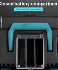 Closed battery compartment of the Shop Tested Brushless Drum Vacuum And Heavy Duty Dust Collector for dust prevention.