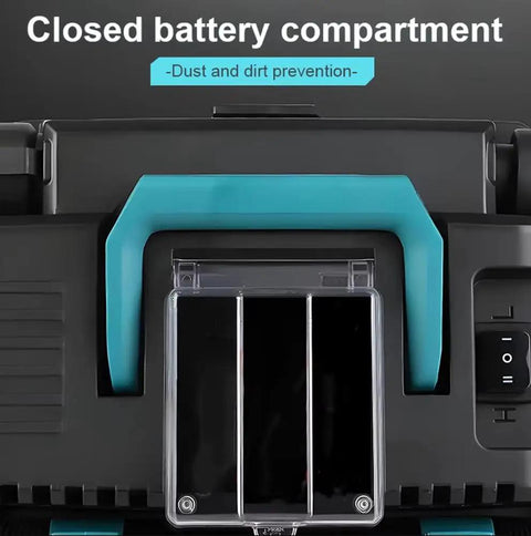 Closed battery compartment of the Shop Tested Brushless Drum Vacuum And Heavy Duty Dust Collector for dust prevention.