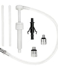 No Fuss Fluid Transfer Pump For Lower Unit Gear And Transmission With Swivel Adapters and Flexible Hose parts and fittings laid out.