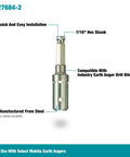 Heavy Duty Earth Auger Bit Adapter A For Quick Tool Free Install Steel Construction Built To Last Compatible With Industry Auger Bits And XGD01 Earth Drill Easy Fit And Reliable Performance showing steel adapter with hex shank.