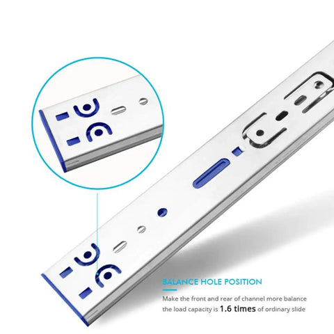 Close-up of Six Pairs Of 12 Inch Soft Close Ball Bearing Drawer Slides Side Mount Three Section Design Heavy Duty 100 Pound Capacity Zinc Plated