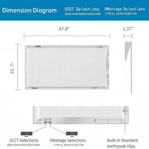 Dimension diagram of Smooth Upgrade With 6 Pack 2x4 Led Drop Ceiling Panels, showing size options and adjustment features.
