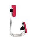 Side view of red and silver Garden Knee Seat Kneeler Stool With Strap, Portable Leg Brace For Gardening And Farm Work, folded position.