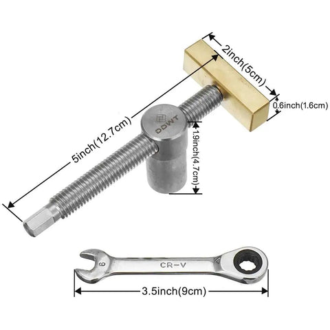 Two Pack Adjustable Bench Dog Clamps With 3/4 Inch And 20mm Posts For Woodworking, shown with measurements and wrench
