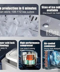 Self Cleaning Countertop Ice Maker Generates Bullet Shaped Cubes In Under 6 Minutes Delivers 26 Pounds Of Fresh Ice Daily shown with product features and specifications.