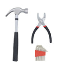 39 Piece Home Tool Kit With Portable Storage Box Your Go To Repair Set For Apartment Home Dorm DIY Projects And Housewarming Gift Includes Hammer Pliers Screwdriver Bits Hex Keys Tape Measure Utility Knife Scissors And More with hammer pliers hex keys visible.