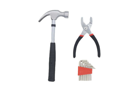 39 Piece Home Tool Kit With Portable Storage Box Your Go To Repair Set For Apartment Home Dorm DIY Projects And Housewarming Gift Includes Hammer Pliers Screwdriver Bits Hex Keys Tape Measure Utility Knife Scissors And More with hammer pliers hex keys visible.