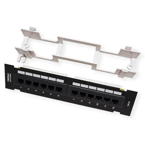 12 Port Cat6 Unshielded Patch Panel Wall Mount With Included 89D Bracket for vertical or horizontal install, black
