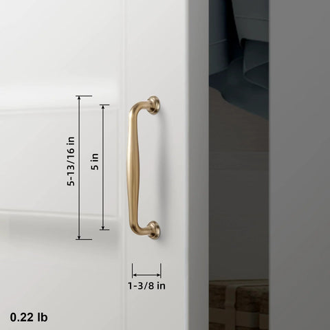 Side view of Six Pack 5 Inch Center To Center Modern Champagne Bronze Cabinet Pulls with sleek tapered handles on a white cabinet.