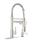 RV Kitchen Faucet With Soap Dispenser And Pull Down Sprayer, featuring brushed nickel finish and dual function spray head.