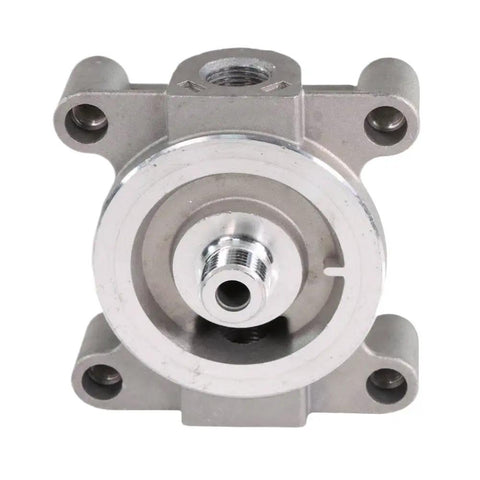 Heavy Duty Remote Mount Coolant Filter Head For Diesel Engines Compatible With 204163 high flow direct fit, silver metal design, front view.