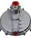 Front view of gray metal low-pressure natural gas regulator with red inlet/outlet ports