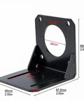 Angled front view of black steel Nema23 motor bracket with base, 38mm bore, 57mm hole spacing and top mounting holes