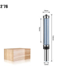 Premium Double Bearing Flush Trim Router Bit With 1/2 Inch And 12mm Shake showing dimensions next to a wooden block.