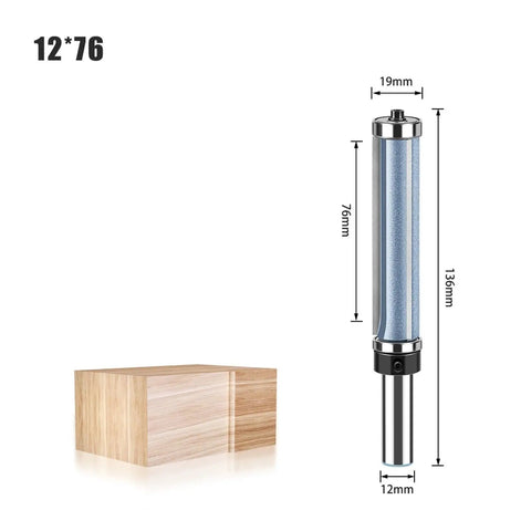 Premium Double Bearing Flush Trim Router Bit With 1/2 Inch And 12mm Shake showing dimensions next to a wooden block.