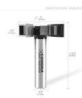 Three Piece CNC Spoilboard Surfacing Router Bit Set, Half Inch Shank, Two Inch Cutting Diameter, Four Flutes, side view dimensions