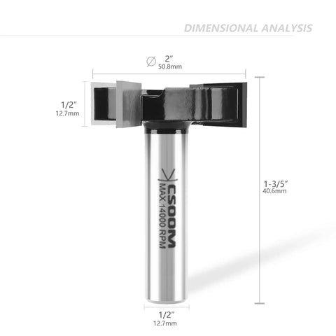 Three Piece CNC Spoilboard Surfacing Router Bit Set, Half Inch Shank, Two Inch Cutting Diameter, Four Flutes, side view dimensions