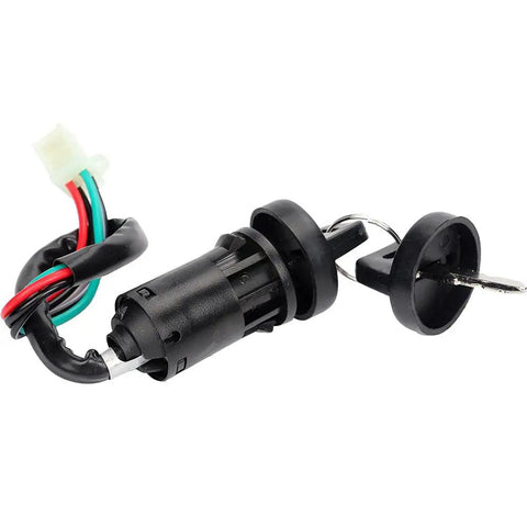 Replacement Ignition Key Switch With Cap For 50cc To 250cc ATV Dirt Bike And Electric Scooter Includes 2 Keys, Easy Install, Rugged Lock Cylinder, Fits Most Small To Mid Size Displacement Models, Ready To Roll. Black 4-wire ignition switch with cap, 2 keys