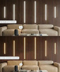 Recessed LED Light Bar Kit With CCT 2700K To 6500K in wood slat wall panels, showing app and voice control with a modern couch setup