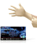 Front view of box of MICROFLEX Diamond Grip MF-300 disposable latex gloves, natural color, 100-count