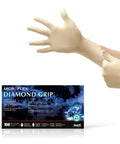 Garage Proven Disposable Latex Gloves With Diamond Knuckle Grip For Auto Crews And Heavy Rig Work Small Natural Box Of 100 shown being worn.