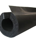 High Grade Black Rubber Pipe Insulation Featuring Slick Double Adhesive Tape 7/8 Inch OD IPS Compatible And Hella Thick 3/4 Inch Foam Core 126 Foot Roll, view of insulation tube end.