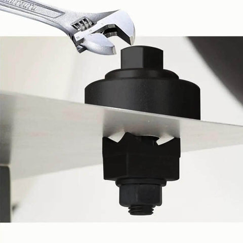 Wrench driving 30mm Sheet Metal Punch Tool with Hexagon Hole Cutter through metal sheet for burr-free holes and steel plate fabrication.