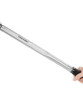 Hand holding Half Inch Drive Micrometer Torque Wrench With 25 To 250 Foot Pound Range, showing reversible ratchet and scale