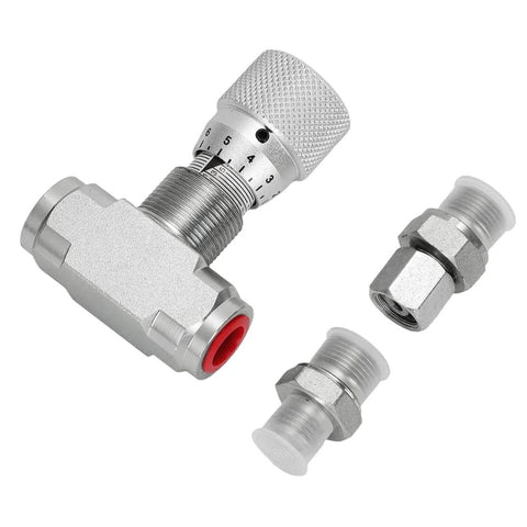 AUTOVIC STB-G3/8 hydraulic flow control valve with knurled adjustment knob and 3/8" fittings; includes two connectors