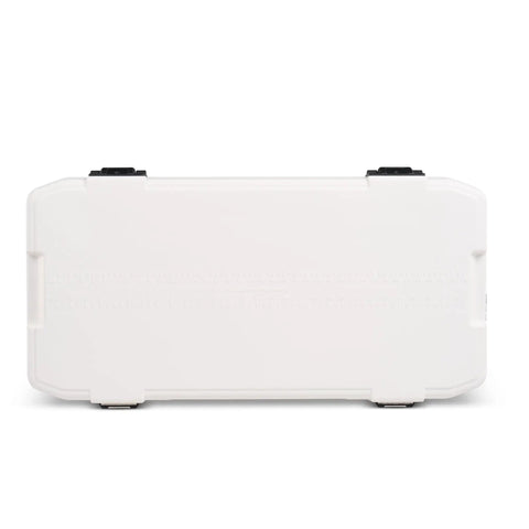 Front view of Latitude Marine 100 Quart Cooler With Cool Riser Elevation For Extra Chill Ultra White Finish Five Day Ice Retention ThermeCool Eco Foam Insulation Foam Lid Marine Grade Hinges 94 Liter Capacity For Big Boat Trips