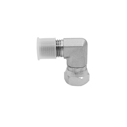 Hydraulic hose elbow fitting, side view, 1/4 in. male to 1/4 in. female swivel 90°, carbon steel