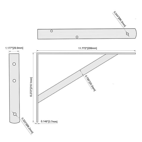 Diagram of Heavy Duty 12-Inch By 8-Inch Shelf Brackets With 600 Lb Capacity 10 Pack White Metal L Supports including dimensions.