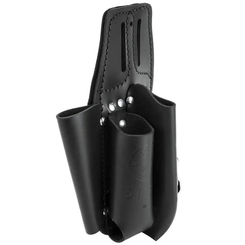Black leather 4 pocket tool pouch with plier, ruler, and screwdriver holders, designed as a worksite tough belt tool organizer for pros.