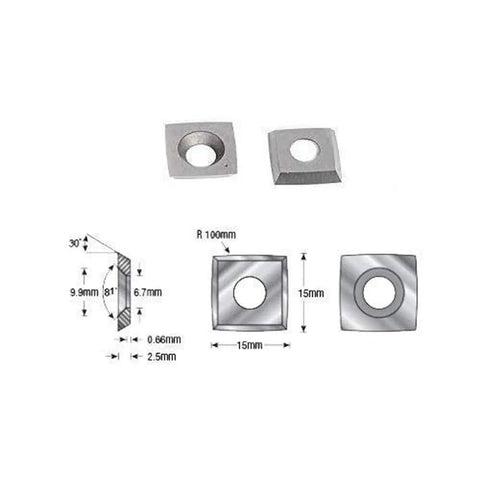 Diagram of Pro Grade Spiral Shelix Carbide Insert Set For Wood Planer Heads, 15mm Square Cutters 15x15x2.5mm, dimensions highlighted.