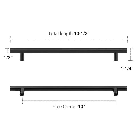 Image of Five Pack 10 Inch Matte Black Cabinet Handles For Kitchen Cabinets And Dresser Drawers, Stainless Steel Pulls With Anti-Stain Finish, 10-1/2 Inch Overall Length, 1/2 Inch Diameter on white background.