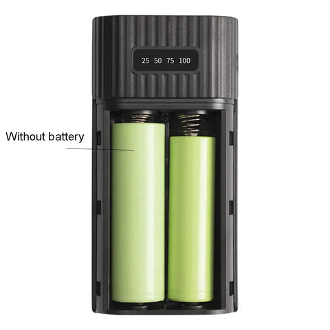 Dual 18650 And 21700 Battery Box Power Case, USB C Quick Charge Hub with digital screen display and no batteries included.