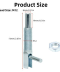 Four Pack M12 Retractable Indexing Plunger Pins Crafted From Heavy Duty Carbon Steel With Rock Solid Spring Loaded Latches And Easy Pull L Shaped Handles For Reliable Job Site Use, showing dimensions and thread size M12.