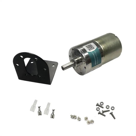 Low Speed 12V DC Geared Motor With 37mm Gearbox And Mounting Bracket, 10 RPM Output, 11.7 kgf cm Torque, shown with accessories
